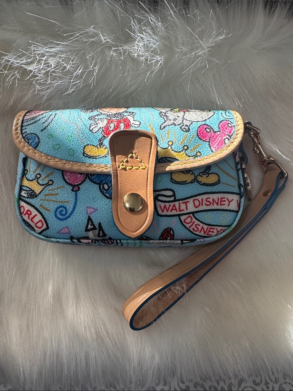 Dooney & Bourke Light Blue Disney Print Wristlet with Tan Trim